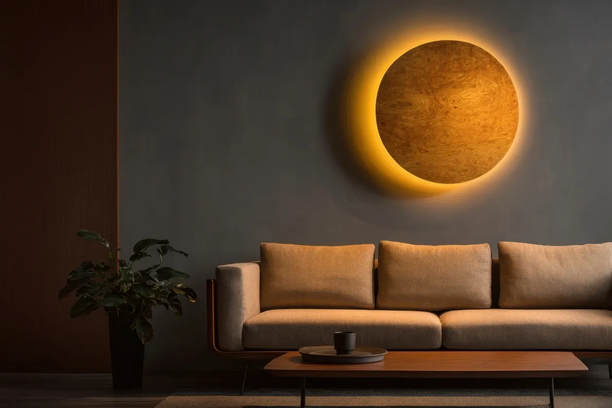 Antrasit gri duvar boyası üzerine sıcak aydınlatma ve bej koltuk ile modern salon dekorasyonu