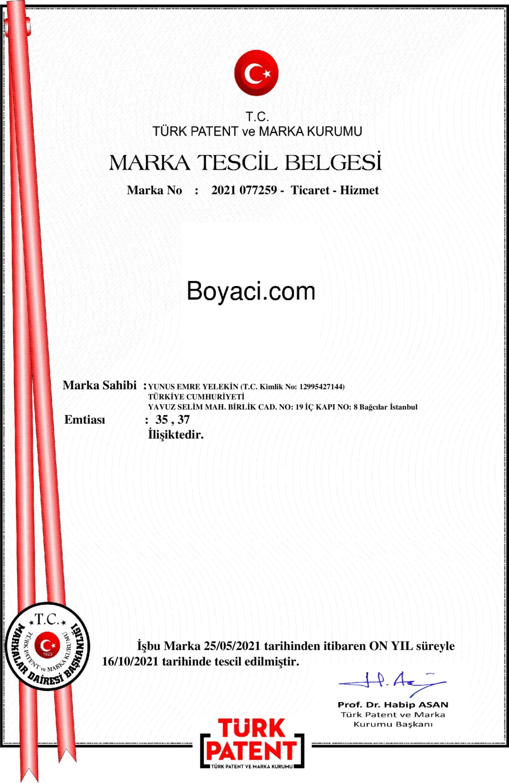 Boyacı.com Türk Patent ve Marka Kurumu Tescil Belgesi