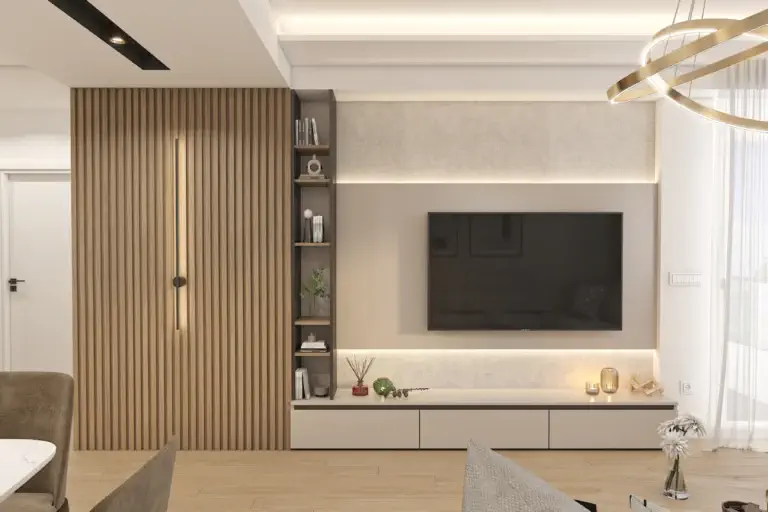 Ahşap duvar çıtalı ve LED aydınlatmalı, duvara monte modern TV ünitesi ve açık raf sistemi.